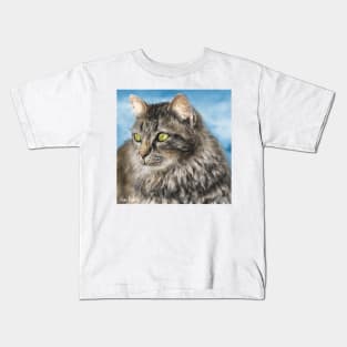 Painting of a Gorgeous Furry Gray Cat Kids T-Shirt